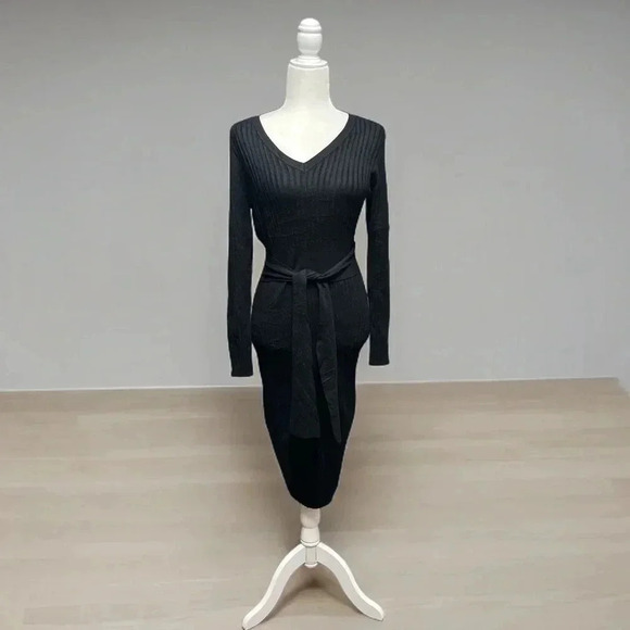 ZESICA Sweater Dress V Neck Long Sleeve Ribbed Knit Waist Slim Fit Bodycon Midi - Picture 3 of 7